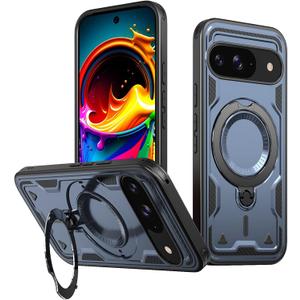 Magnetic Designed for Google Pixel 9/9 Pro Case with Ring Stand, Compatible with Magsafe Rotating Kickstand Slim for Men Protective Phone Case for Pixel 9/9 Pro Blue