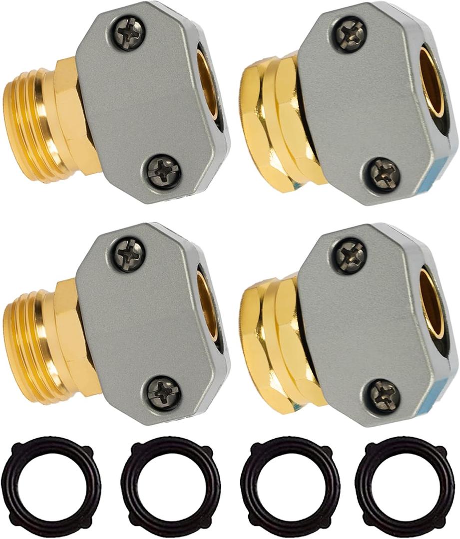 Hourleey Garden Hose Repair Kit, 2 Sets Aluminum Alloy Garden Hose End Mender, Male and Female Water Hose Repair Fittings, Fit 5/8" and 3/4" Connector, with 4 Extra Hose Washers