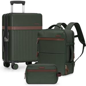 U.S. Traveler Vista Way 3-Piece Travel Set, 21-Inch Carry-on Hardside with TSA Lock, 18-Inch Travel Backpack with Laptop Sleeve, Toiletry Bag, Green