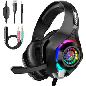 Tatybo Gaming Headset for PS4 PS5 Xbox One PC, Over-Ear Gaming Headphones with Surround Sound, Noise Canceling Mic, RGB Light