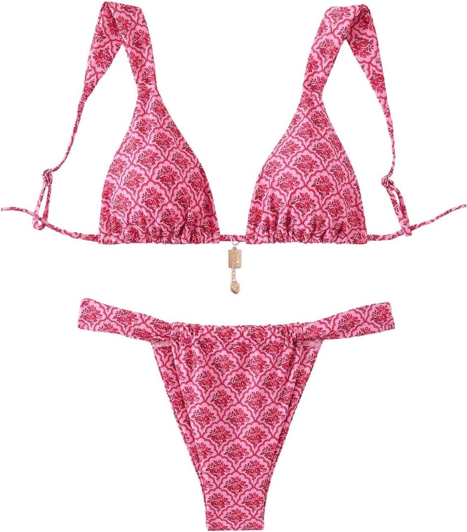 RoseSeek Women's 2 Piece Leopard Floral Bathing Suit Wireless Triangle Swimsuit High Waisted Bikini Sets Bright Pink X-Small