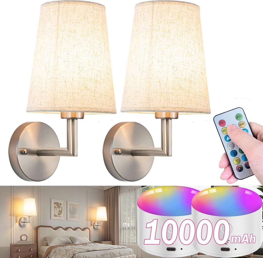 Wall Sconce Battery Operated Wall Light Fixure with Remote Control, Dimmable Battery Operated Wall Sconces Set of Two, Indoor Wireless Wall Mounted Lamp with Rechargable Bulb for Bedroom Living Room
