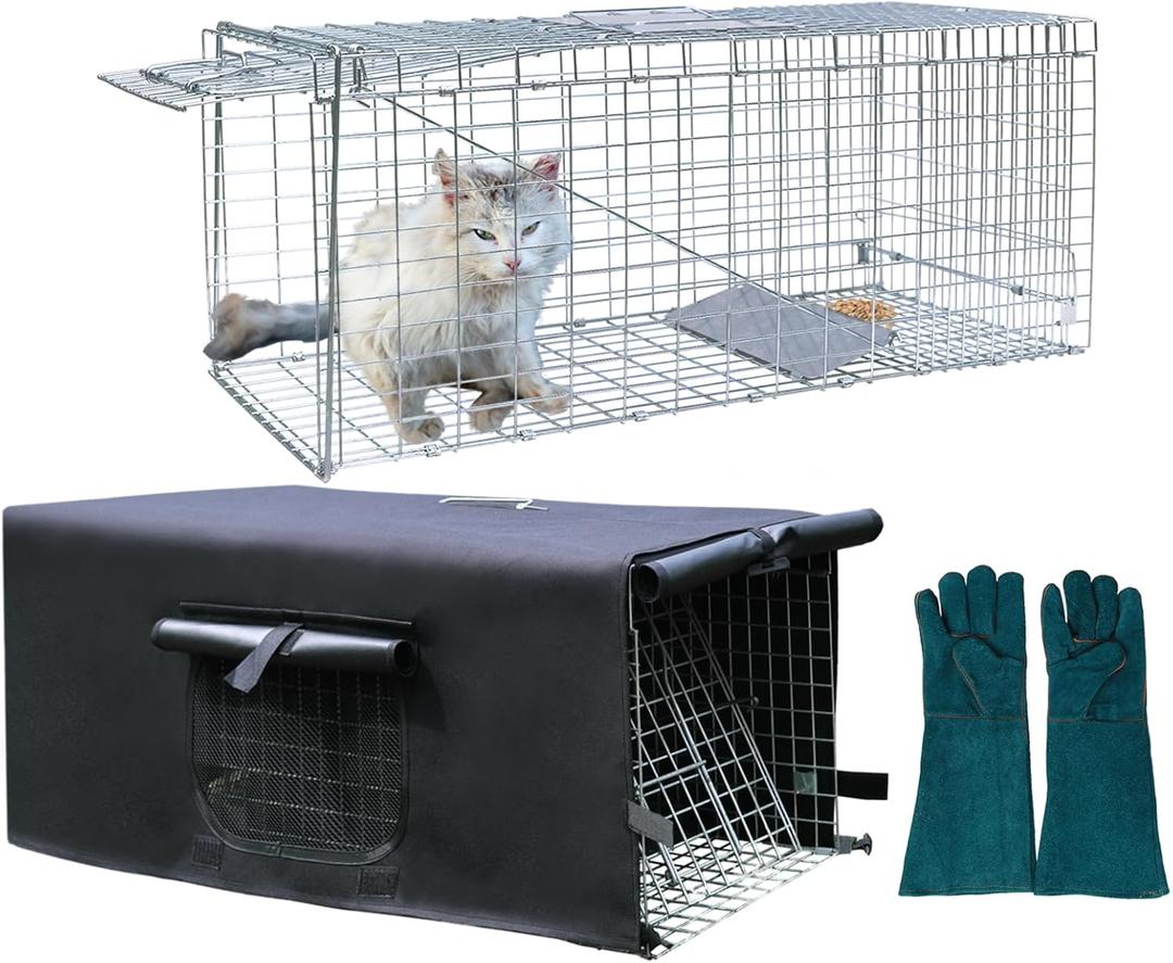 Live Animals Trap Cage with Cover & Glove, Cover with Mesh Window for 1-2 Door, 32 Inch Heavy Duty Folding Humane Animal Trap Cage for Raccoon, Squirrel, Skunk, Catch, Opossums, Groundhogs