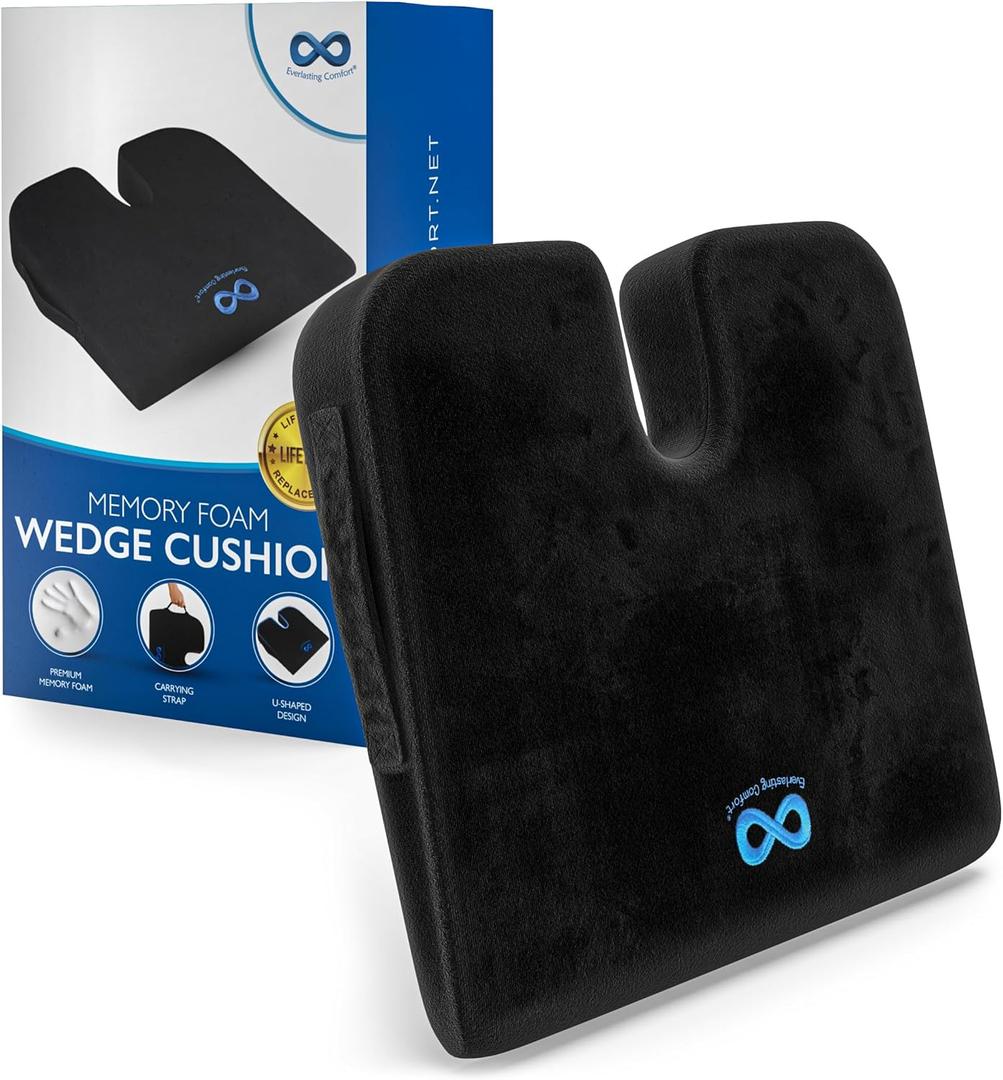 Everlasting Comfort Car Seat Cushion for Driving - Wedge Car Cushion for Office, Travel, Gaming Chair Memory Foam Driver Booster for Short People, Non-Slip, Washable Cover, Back & Sciatica Relief (Black)