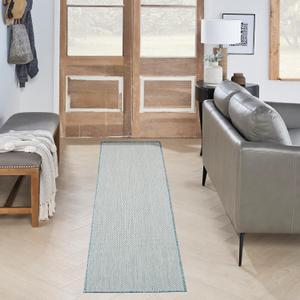 Nourison Courtyard Indoor/Outdoor Ivory/Aqua 2'2" x 10' Area Rug, Easy Cleaning, Non Shedding, Bed Room, Living Room, Dining Room, Backyard, Deck, Patio (2x10) (2'2" x 10' (Runner))