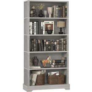 TVU 5 Tiers Wooden Bookshelf, 65.2" Tall Farmhouse Style Open Bookcase, 31.5" Wide Standing Book Shelf with Storage for Study Room, Living Room, Gray, 11.8" D x 31.5" W x 65.2" H