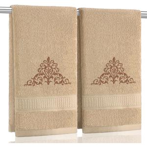 2 Pcs Damascus Hand Towels Brown Farmhouse Bathroom Decor 14x29 Inch Embroidered 100% Cotton Soft Absorbent Spring Summer Decorative Hand Towels for Bathroom Kitchen