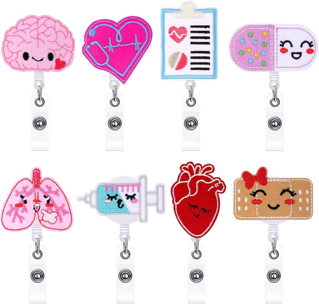 8 Pcs Nurse Badge Reels Cute Felt Retractable Funny Nursing Badge Reels Themed Holders Gift for Pediatric Doctors ID Name Cards Lanyards Holidays(Lovely Style)
