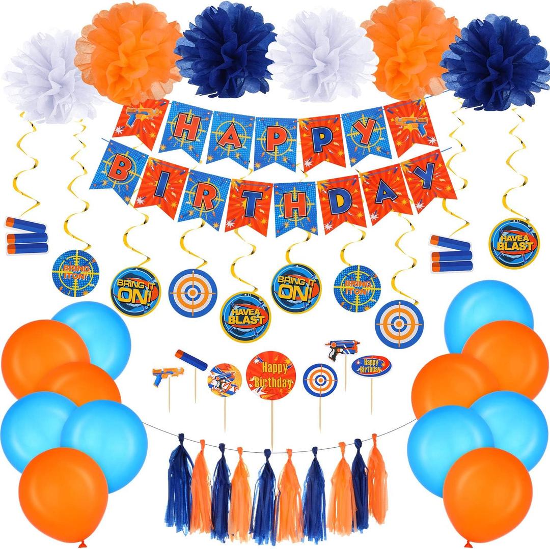 Skylety 53 Pieces Dart Battle Birthday Party Supplies Dart Gun Birthday Decorations Include Gun Happy Banner Paper Flower Pom Hanging Swirls Latex Balloons Tassel Garland Cake Cupcake Topper