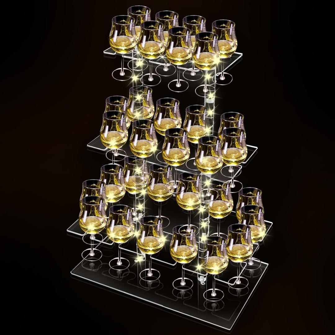 Champagne Tower with Led Light for Party, 3 Tier Clear Champagne Flute Wall Holder with 32 Slots Glasses Display Stand Stemware Rack Acrylic Tree Stand for Wedding Party 25.6 x 19.6 x 11.8