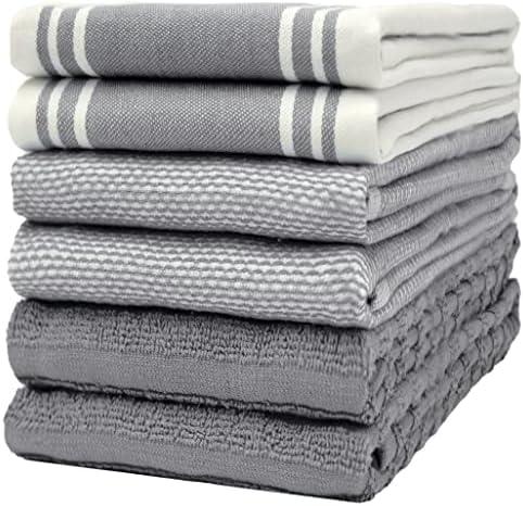 Premium Kitchen Towels (20”x 28”, 6 Pack) | Large Kitchen Hand Towels | Kitchen Towels Cotton | Flat & Terry Towel | Highly Absorbent Tea Towels Set with Hanging Loop | Wide Stripe Grey
