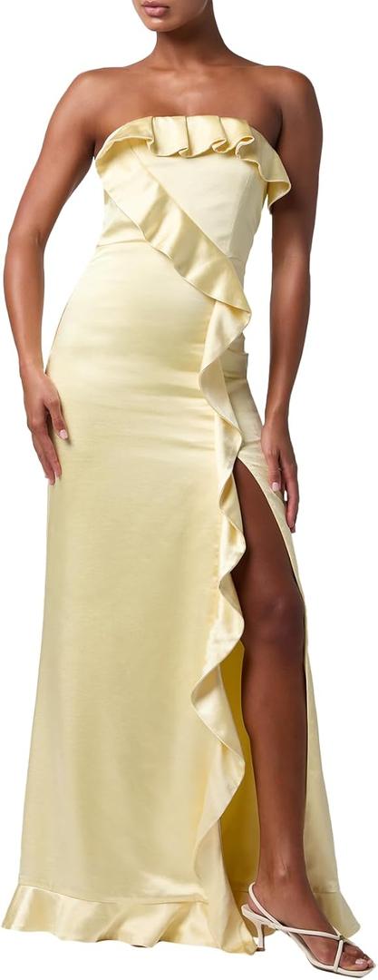 Lulus Bonnie Strapless Satin Ruffle Maxi Dress Glamorous Special Occasion Gown M