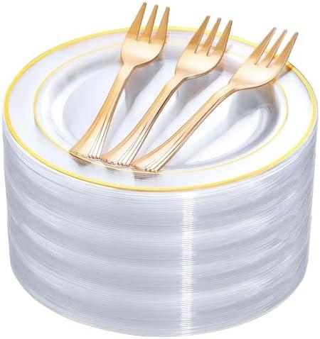 DaYammi 240Pcs Appetizer Plates Include 120Pcs Gold Dessert Plates 6.3inch with 120Pcs Gold Plastic Forks 5.7inch,Clear gold plates Disposable Salad Plate for Party Cake Plate for Wedding