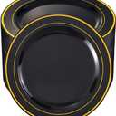 BUCLA 100 Pieces Black and Gold Plastic Dinner Plates - 10.25 inch Black Disposable Plates with Gold Rim - Ideal for Party, Graduation & New Year