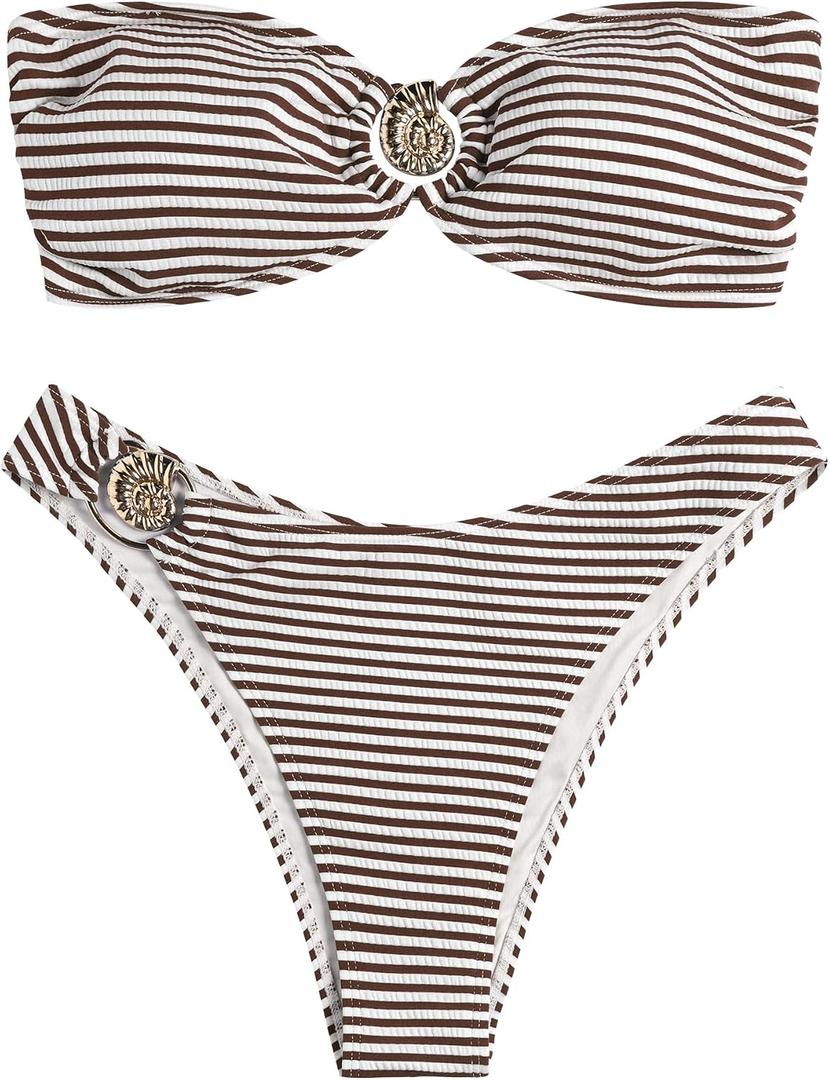 ZAFUL Women's Bandeau Bikini O Ring Strapless Tie Back High Cut Two Piece Swimsuit Bathing Suits (Brown, L)
