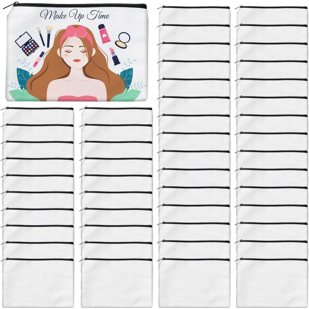 AMDAILY 50Pcs Sublimation Blank Canvas Makeup Bags, Bulk Blank DIY Heat Transfer Cosmetic Makeup Bags w/Black Zipper for Bridesmaid Makeup Bag Travel Toiletry Pouch Storage, Mother's Day Craft