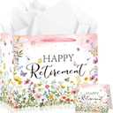 Wildflower Retirement Gift Bag for Women, Retired Gift Bag with Tissue Paper and Card Happy Retirement Gift Wrapping Paper Retired Gifts for Women Farewell Going Away Party Favor Bags Supplies (Light Pink)