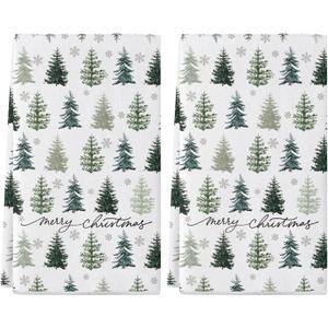 Siilues Christmas Kitchen Towels 18x26 Inch Set of 2, Tree Snowflake Merry Christmas Dish Towels Seasonal Winter Decorations for Home Drying Dishcloth (White 01)
