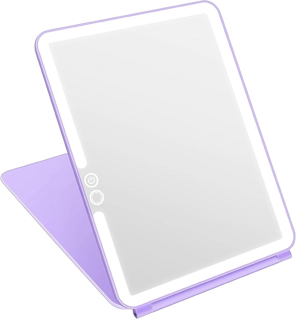 deweisn Folding Lighted Makeup Mirror with 72 LEDs 3 Colors Light Modes USB Rechargable 1800mA Batteries Portable Ultra Thin Compact Vanity Mirror Dimmable Travel Mirror (Purple)