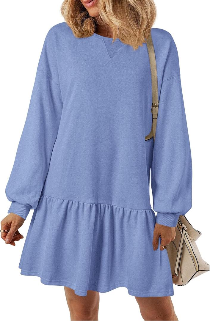 PRETTYGARDEN Womens Patchwork Sweatshirt Dress 2025 Fall Casual Long Sleeve Crewneck Pullover Cute Babydoll Mini Dresses (Sky Blue,X-Large)