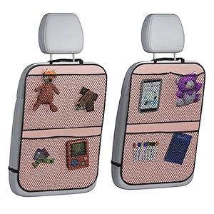lebogner Back Seat Cover for Kids + 3 Pocket Storage Organizer, 2 Pack Kick Mats Backseat Protector, Car Accessories Waterproof Kick Guard for Vehicles to Protect from Dirt, Mud & Scratches, Beige