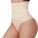 Yeblues Tummy Control Thong Shapewear, Women Seamless High Waisted Thong Panties Body Shaper Underwear, Beige