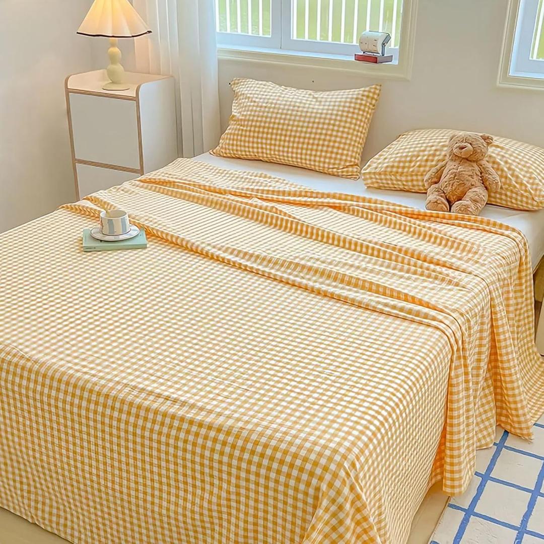 Yellow Gingham Sheets Queen Size 4-Piece with Flat  Fitted Sheet 2 Pillowcase 100% Washed Cotton Sheets Deep Pocket Chic Farmhouse Plaid Decorative Bed Set Yellow Gingham Sheets Queen Size 4-Piece with Flat  Fitted Sheet 2 Pillowcase 100% Washed Cotton Sheets Deep Pocket Chic Farmhouse Plaid Decorative Bed Set