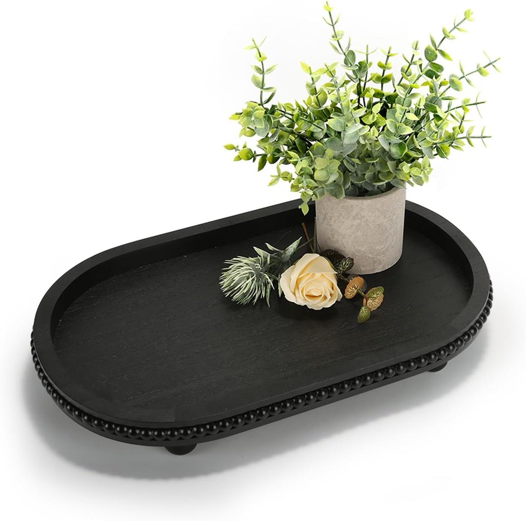 Wooden Decorative Tray for Home Decor, Beaded Black Oval Tray Decor for Coffee Table, Rustic Wood Serving Trays Farmhouse Centerpieces for Living Room Kitchen Counter (Black Oval)