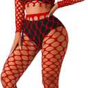 Kaei&Shi Sexy Fishnet Bodysuit Stockings,Hollow Out Rave Outfits,2 Piece Mesh Top Set,Club Outfit Exotic Dancewear (Red)