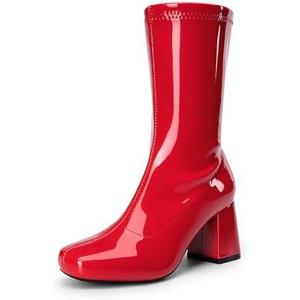 DREAM PAIRS Women's Mid Calf Gogo Boots Low Block Heel Square Toe Ankle Boot with Zipper for Party Cosplay Dance, Size: 6