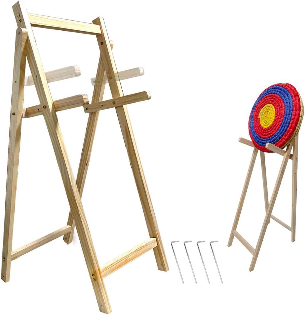 Archery Target Stand with 2 Adjustable Heights & 4 Ground Pegs for Stable Anchoring, Wooden Stand for Foam & EVA Arrow Targets, Wooden Archery Target Stand Backyard Use, Easy to Assemble & Detachable