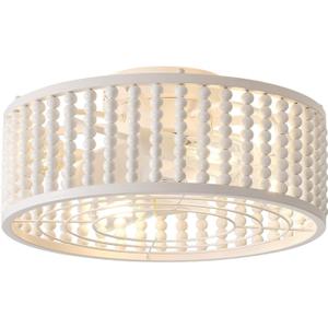 Ceiling Fans with Lights and Remote - Bulbs Included, Caged Fandelier with Handcrafted Beaded Décor 19 inches Reversible Flush Mount Installation Ceiling Fan, Off-White