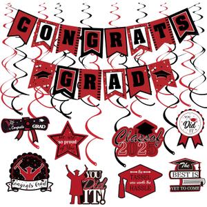 Red and Black Congrats Grad Banner and 2026 Graduation Hanging Swirls, Congrats Grad Sign Decorations Congratulations Graduate Banner for Red Black Congratulations Graduation Party Decorations 2026
