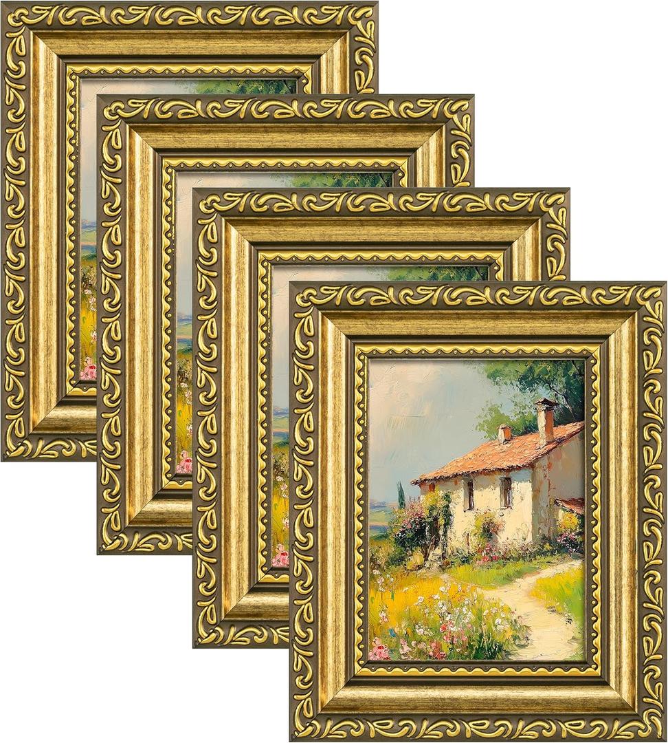 Eletecpro 3x4 Picture Frames Set of 4, Rustic Gold Frames with Glass Cover, Ornate Vintage Photo Frame Displays 3x4 Photo for Tabletop, Gold