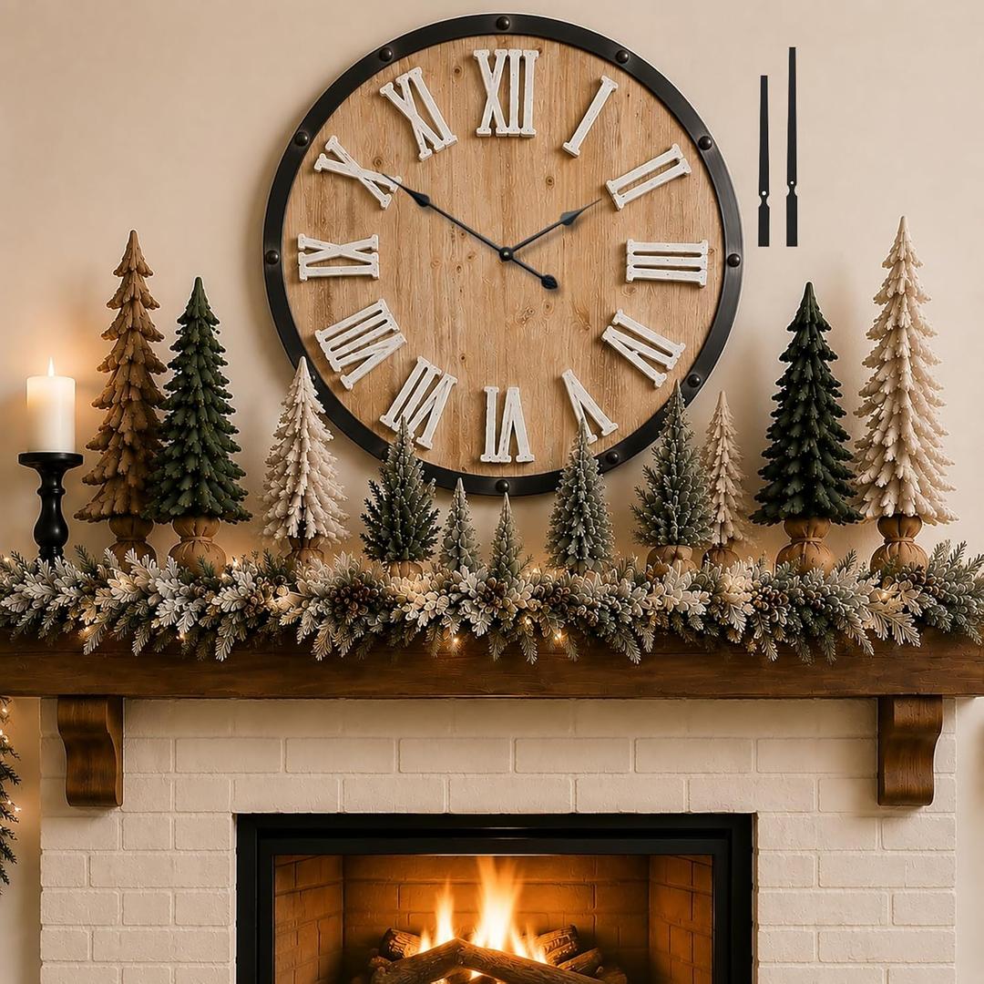 Oversized 30" Farmhouse Wall Clock, Rustic Wood Round Timepiece with Raised Roman Numerals, Black Metal Frame, Silent Quartz, Durable & Easy-to-Clean, Living Room & Entryway Decor (Whitewashed Oak)