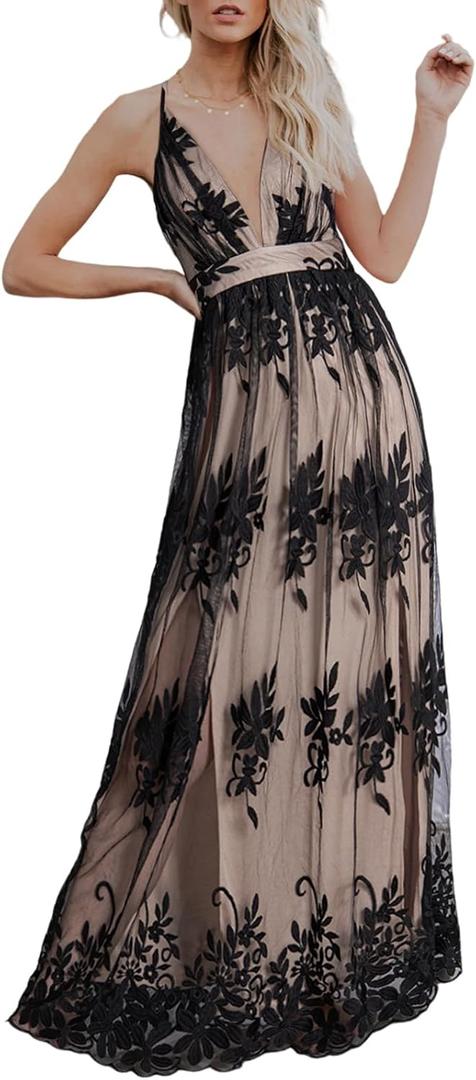 Dokotoo Womens Formal Dresses Deep V-Neck Embroidered Lace Mesh Evening Party Prom Dress Long Wedding Dress (Black, L)