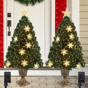 Juegoal 2 Pack Pre-Lit Artificial Christmas Trees, 3 FT Lighted Green Optical Fiber Entrance Tree in Gold Urn Base, 8 Lighting Modes, 110 Branch Tips for Front Door Porch Festive Holiday Home