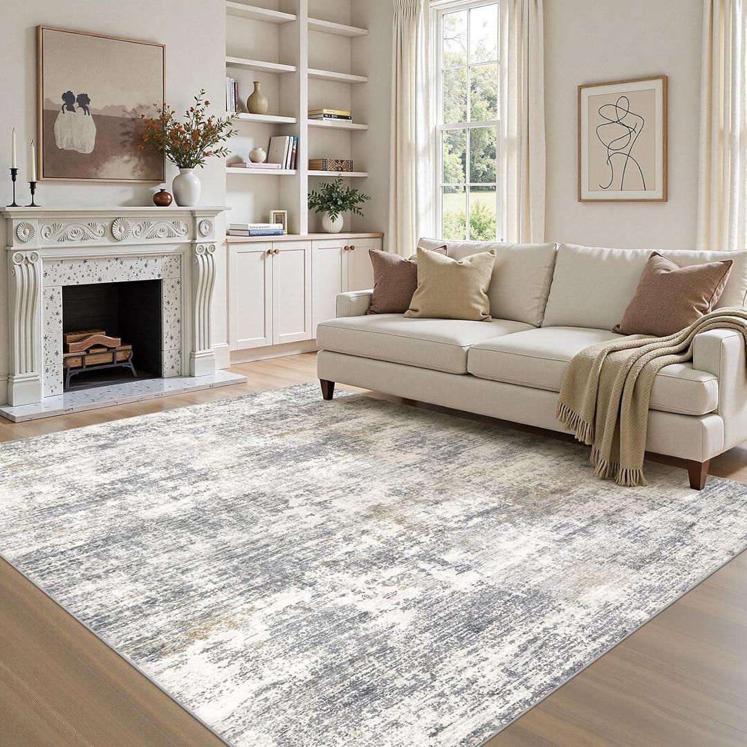 7x9 Area Rugs for Living Room: Washable Large Neutral Abstract Rug Soft Non Slip Stain Resistant Low Pile Indoor Carpet for Bedroom Dining Room Nursery Office Playroom - Grey White Brown