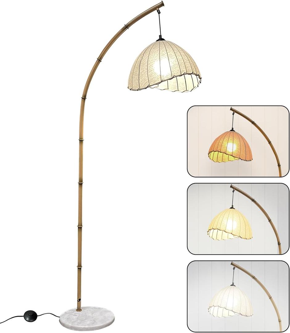 Vintage Bamboo Floor Lamp, Arc Bohemian Floor Lamps with 3 Color Temperatures, Rattan Tall Lamp for Living Room and Bedroom (Marble Base)