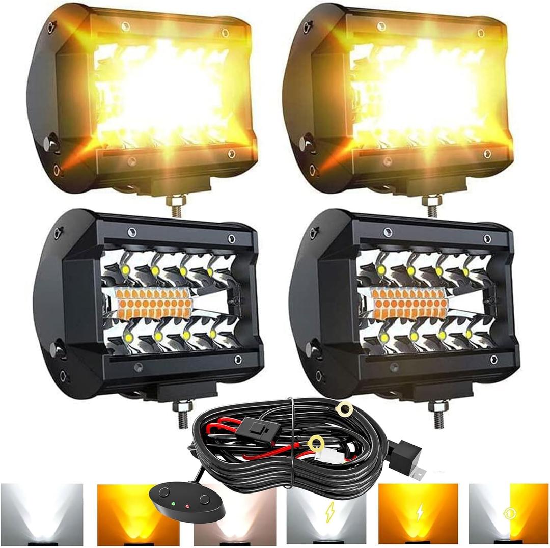 LED Light Bar 4PCS 4'' Inch White/Amber Yellow LED Pods Equivalent to 240-Watt Strobe Light Driving Fog Lights Triple Row Off Road Lights with Six Modes for SUV ATV UTV Trucks Pickup Lamp