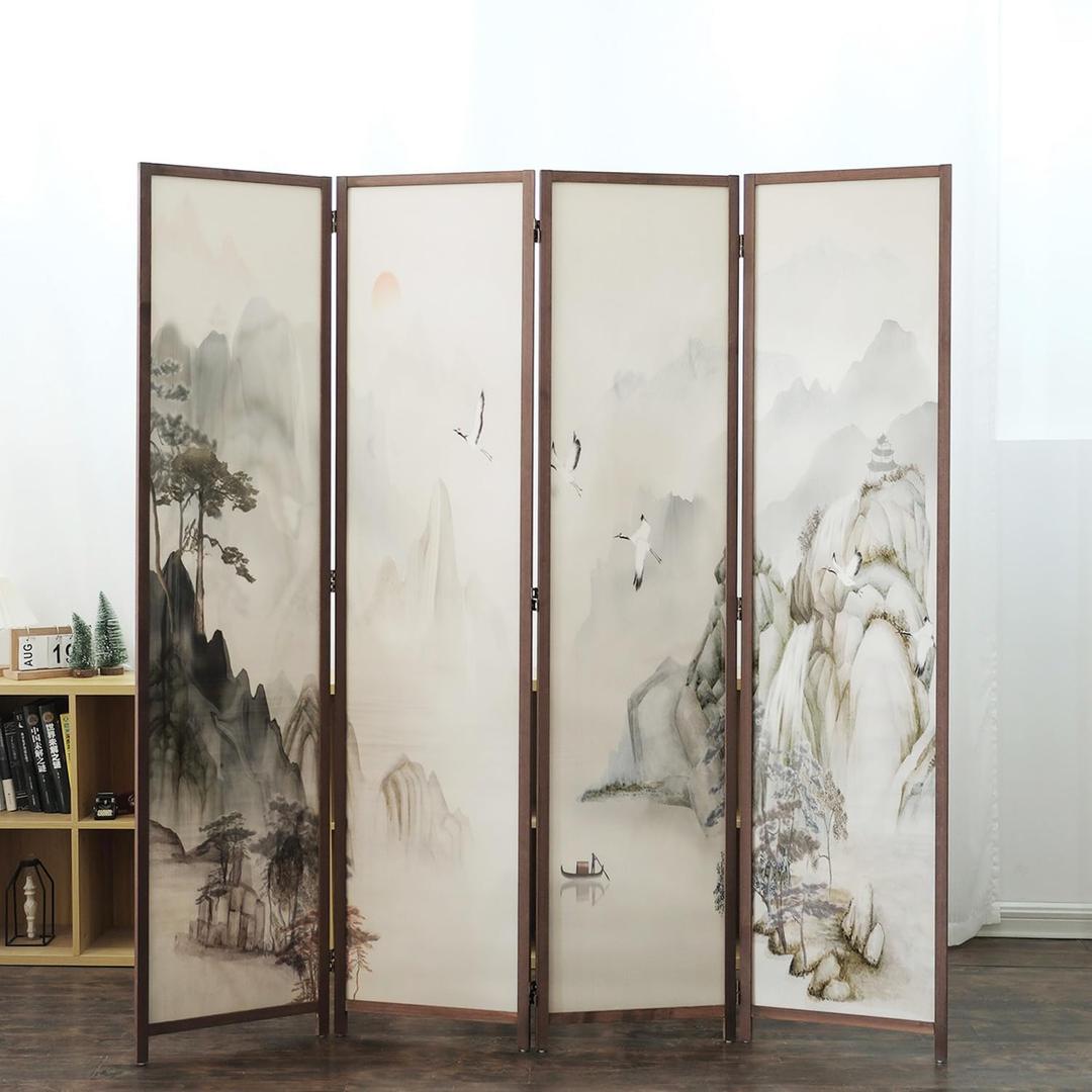 Furnnylane 4 Panel Room Divider, 5.6 ft Tall Double-Sided Blackout Folding Privacy Screen Freestanding Wall Partition with Mountains and Waters Landscape for Home Office, Easy Setup (67" H x 63" W)