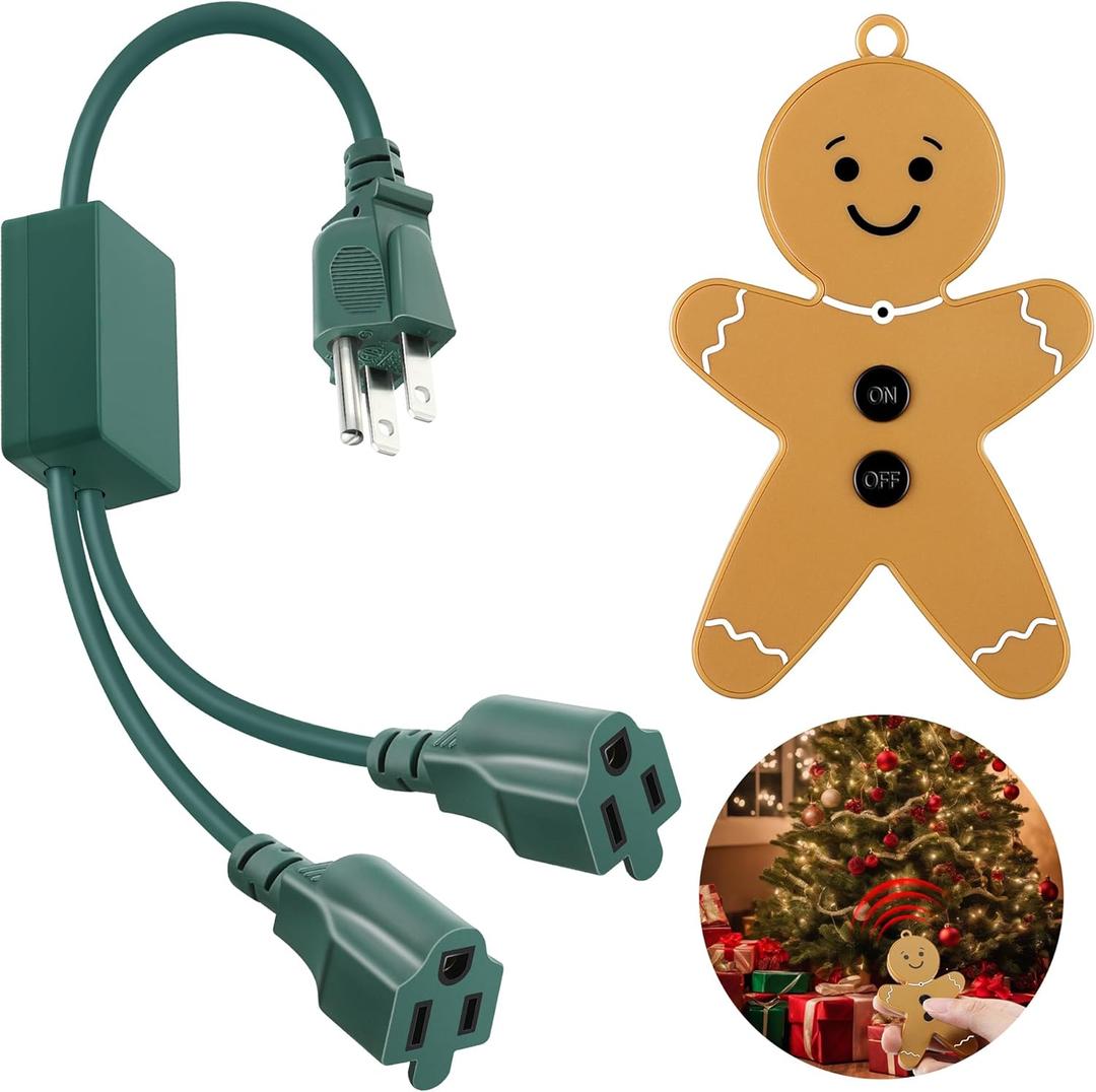 Enhon Christmas Tree Lights Controlled Outlet, Plug in Control Outlet Extension Cord with 2 Sockets and Gingerbread Man Remote Switch for Christmas Tree and Long Range Lighting Control, Green (1 Pack)