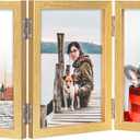 TOFOREVO 4x6 3 Picture Frame Triple Wooden Hinged Photo Frame Definition Glass Stand Vertically on Desktop or Tabletop Gold