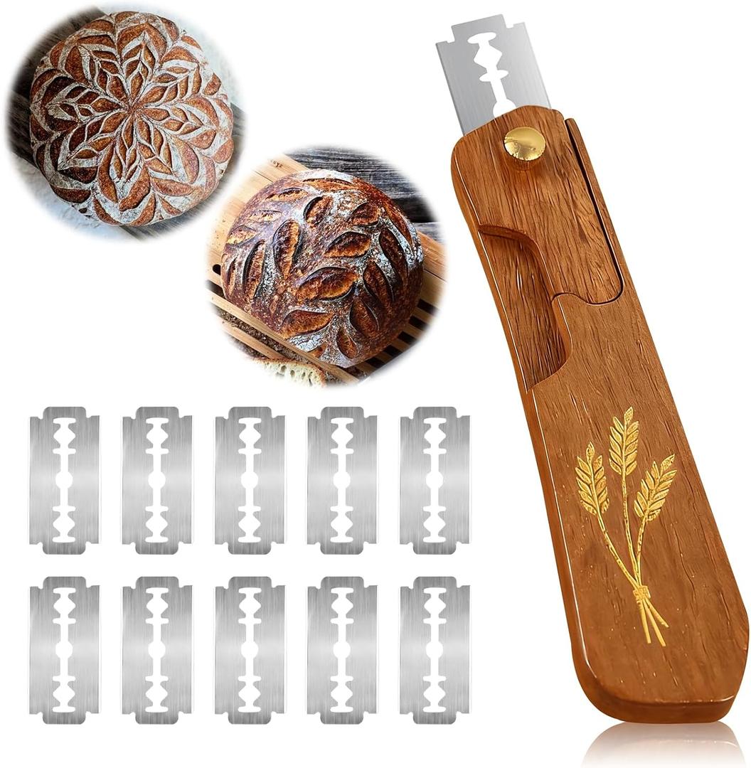 Bread Scoring Tool, suitable for scoring sourdough bread at home, equipped with 10 blade blades (retro color)