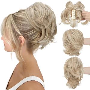CJL HAIR Claw Clip Short Ponytail Hair Extensions DIY Bendable Metals Messy Bun Hair Piece for Wonen Straight Synthetic Fake Hairpieces Sunny Blonde