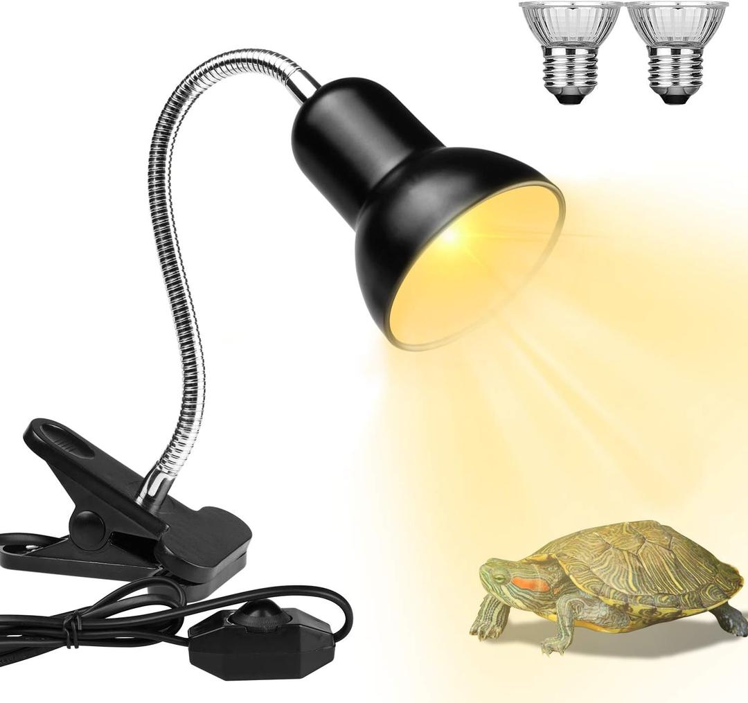 Dallfoll Reptile Heat Lamps, Turtle Lamp UVA/UVB Turtle Aquarium Tank Heating Lamps with Clamp, 360°Rotatable Basking Lamp for Reptiles Lizard Turtle Snake with 2 Heat Bulbs (Heat Lamp 25w/50w Bulb)