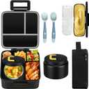 MAISON HUIS Bento Lunch Box with 8oz Soup Thermo, 5-Compartment Leak-Proof Container, Thermo Hot Food Jar and Insulated Lunch Bag, BPA Free,Travel, School (Black)