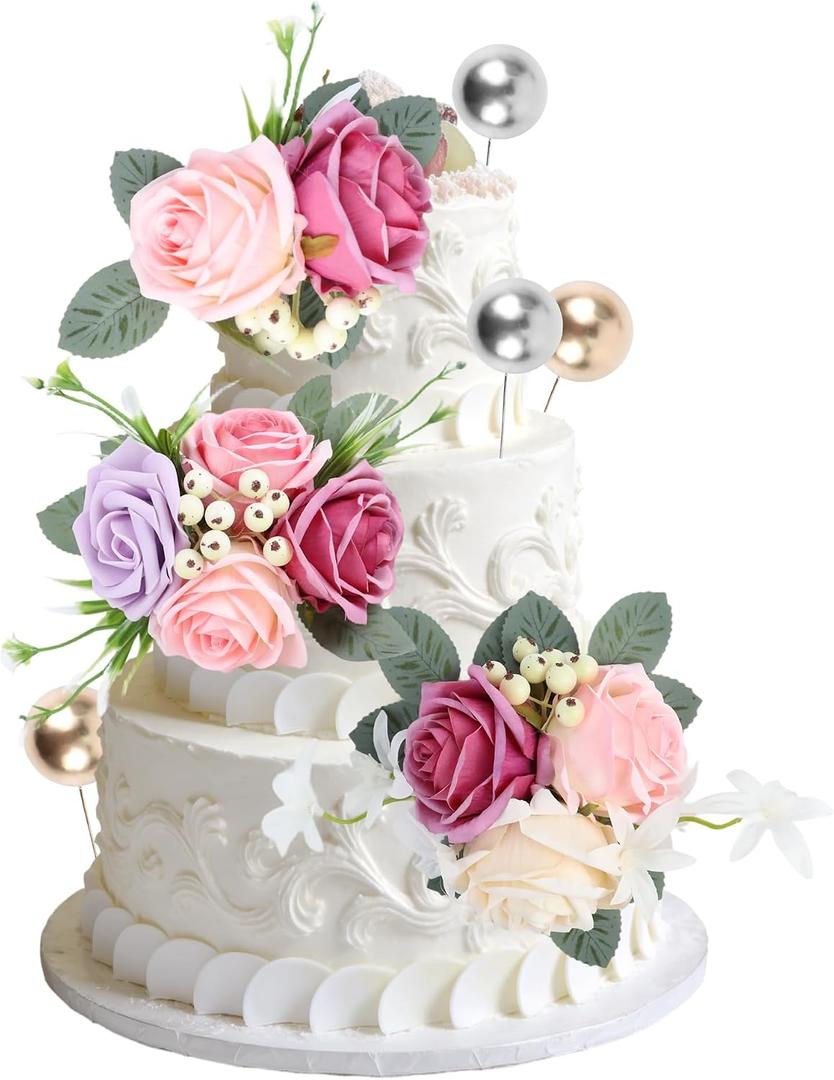 Wedding Cake Decorations Set, 3 Pcs Purple and Pink Artificial Cake Flower Toppers with 20 Gold and Silver Ball Picks, Non-Edible Decor for Engagement Bridal Shower Anniversary Parties
