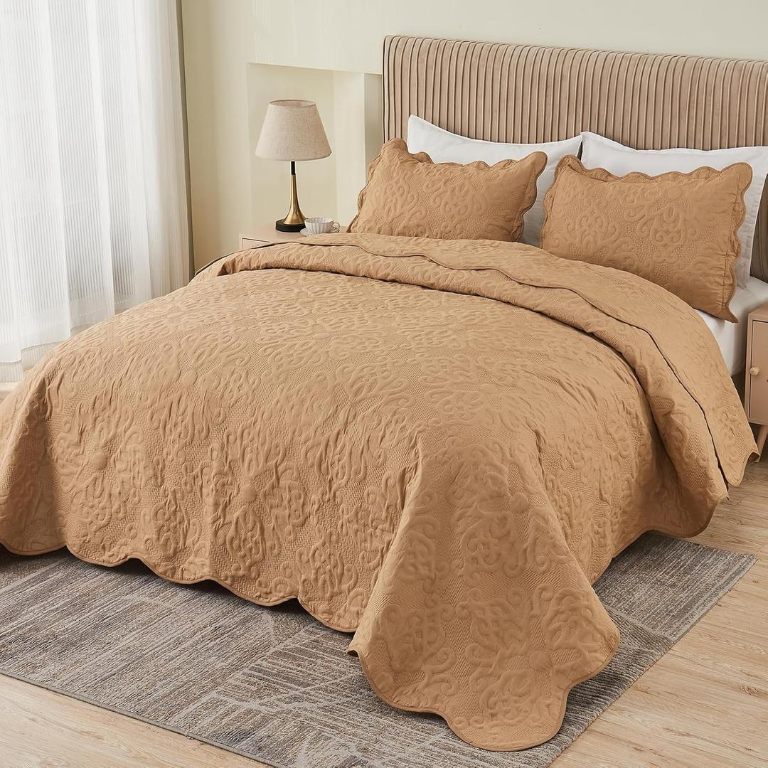 Kingnex Oversized King Bedspreads 128x120 Extra Wide Quilt for Tall Bed Lightweight 3 Piece Quilted Coverlet Pillow Shams Set Khaki