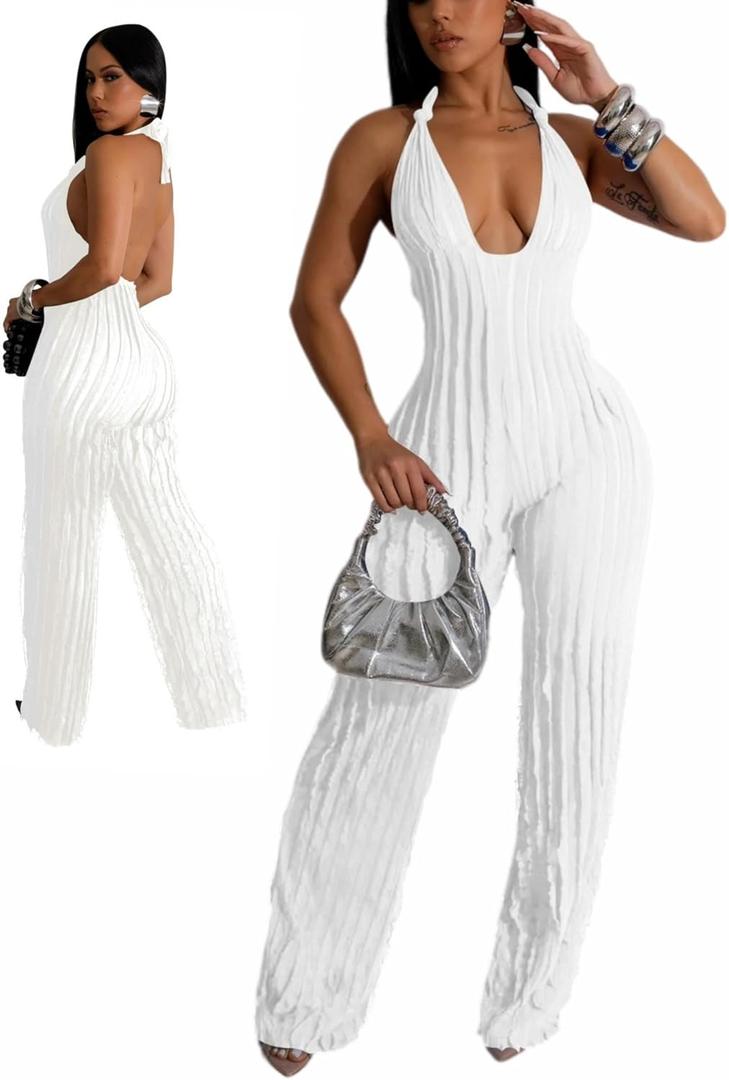 Sexy Summer Halter jumpsuits for women Dressy 2024 backless V Neck wide leg long pants one pieces jumpsuit Romper club outfit (Medium, White)